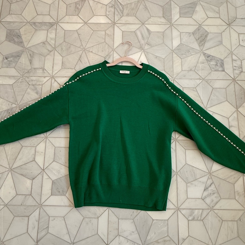 Sandro Green Crew Neck Sweater with Pearl Sleeve Accents - Picture 2 of 2